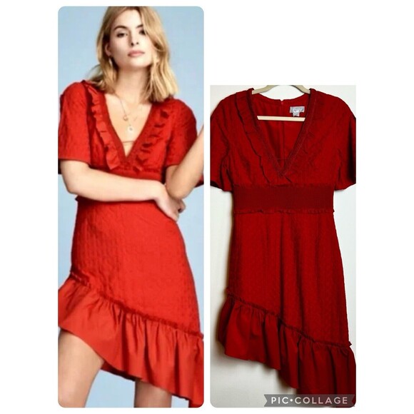 Finders Keepers Memento Dress Red Asymmetrical Ruffle Hem Embroidery Sz M - Picture 1 of 16